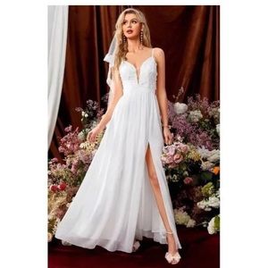 Women’s lace white wedding dress New! Shein sheer slit floral classic elegant